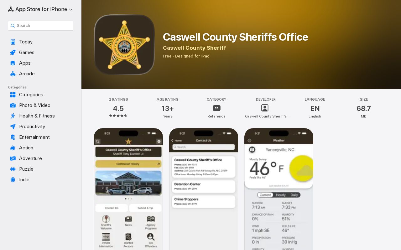 Caswell County Sheriff's Office app listing for arrest news and public safety updates