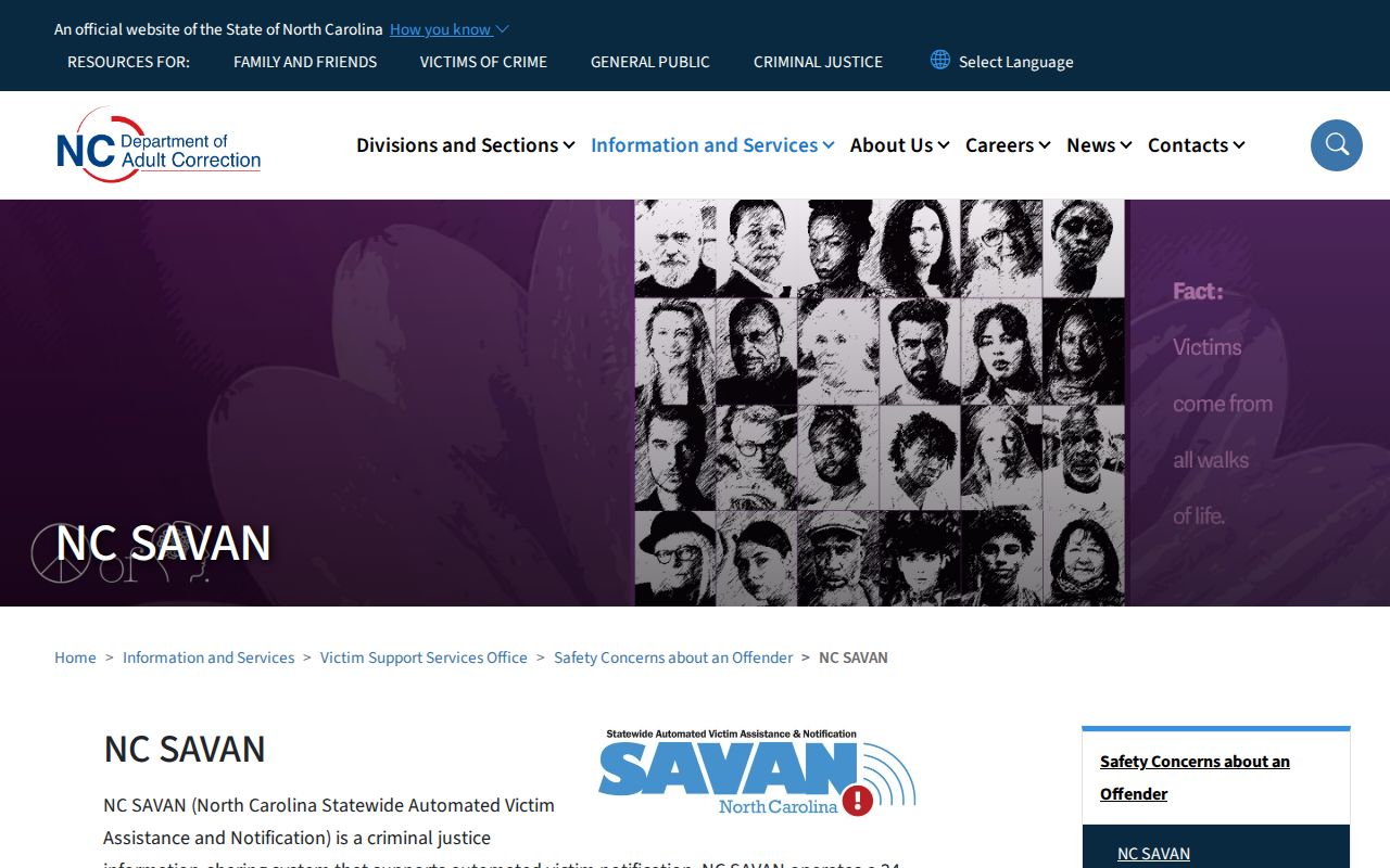North Carolina NC SAVAN custody information and notification page