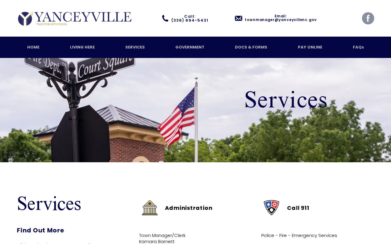 Official Yanceyville services page showing county sheriff law enforcement